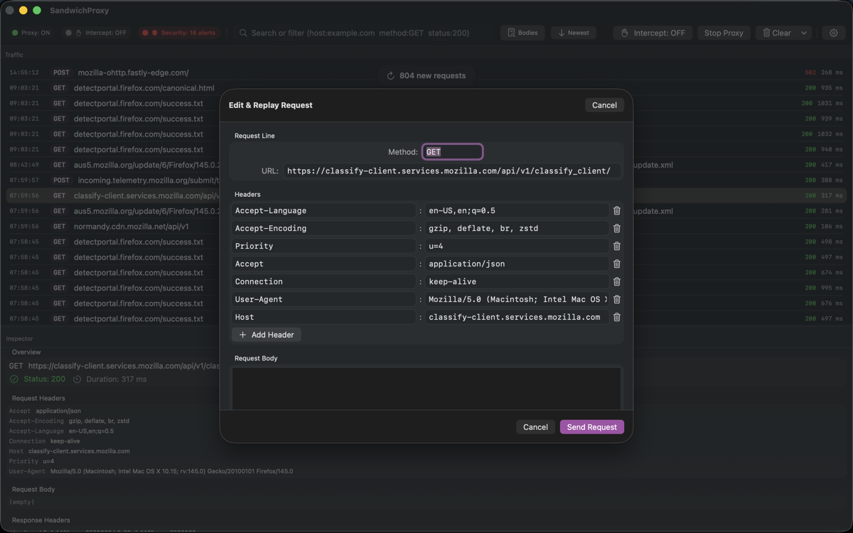 Sandwich Proxy Edit and Replay Screen